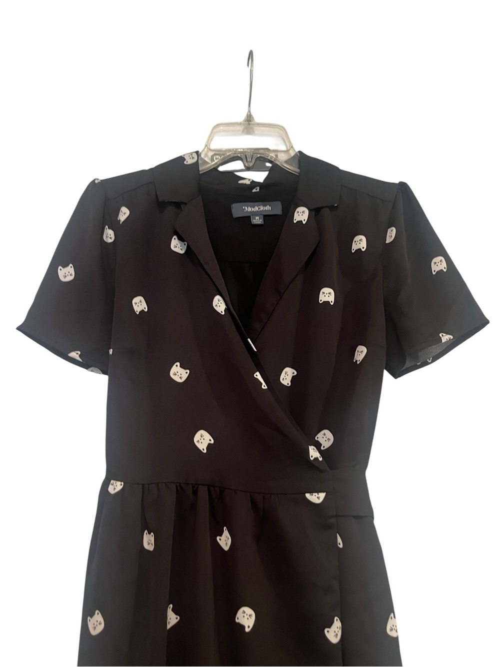 Modcloth "Tied and Timeless" Black Midi Wrap Dress with White Kitty Cat Print - Picture 3 of 11